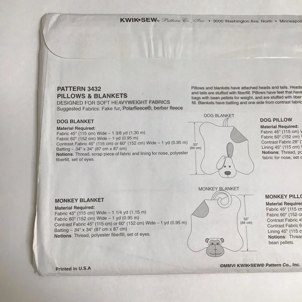 Kwik Sew Child’s PILLOWS BLANKETS Sewing Pattern Dog Monkey 2006 FF UNCUT NEW